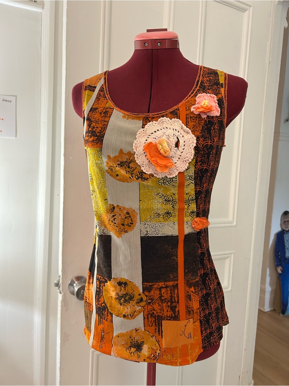 Sleeveless Mesh Floral Patchwork Tank Top in Orange, Yellow, Black